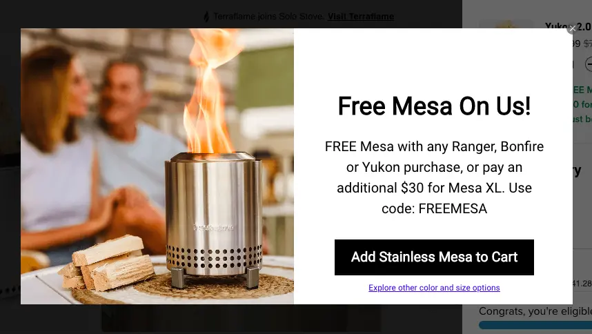 solo stove shows a popup for a free product when a shopper qualifies for it