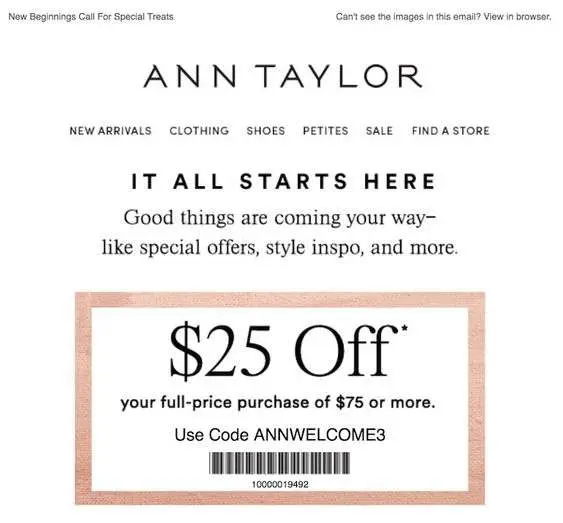 ann taylor offers a welcome discount to shoppers over email