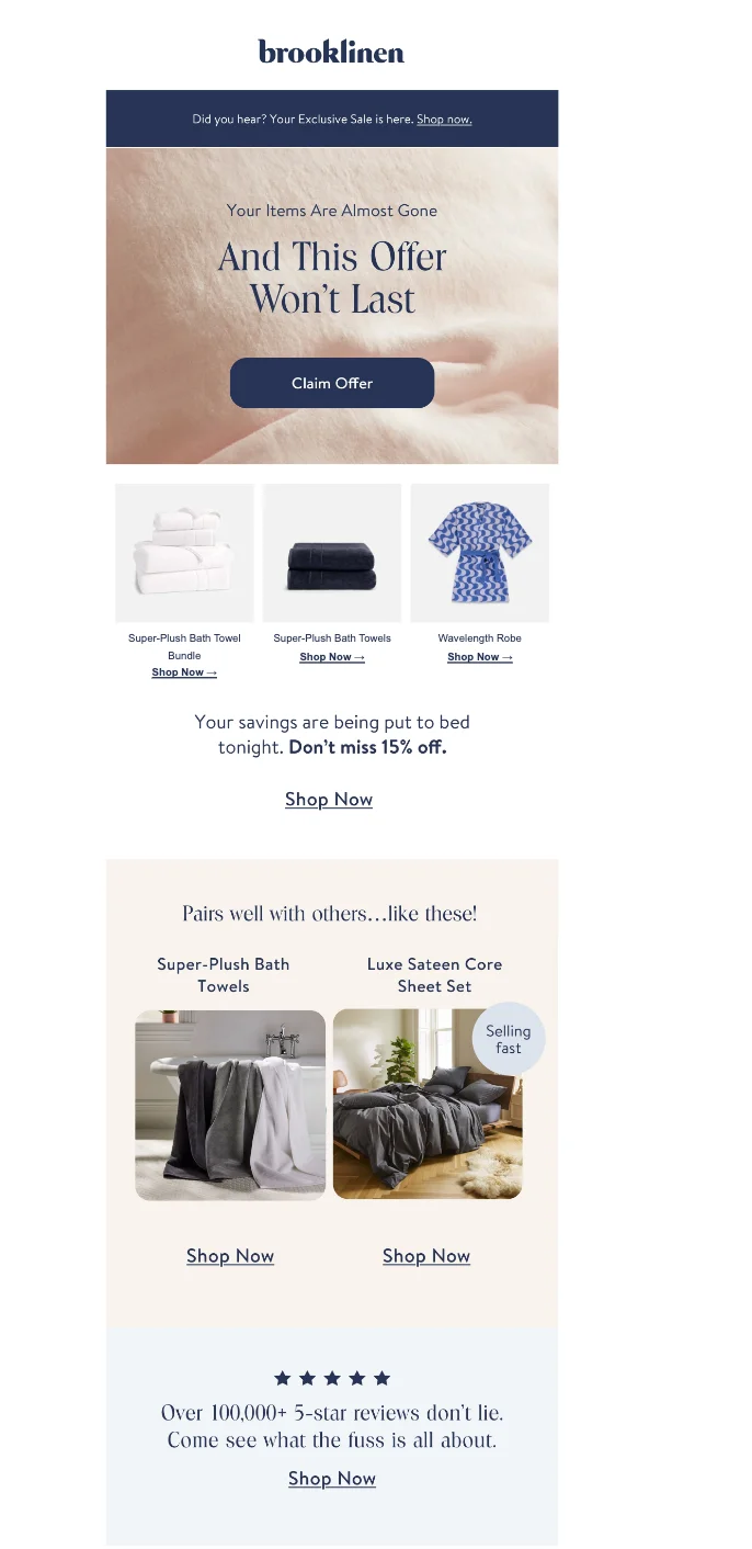 Brooklinen upsell email example from eCommerce