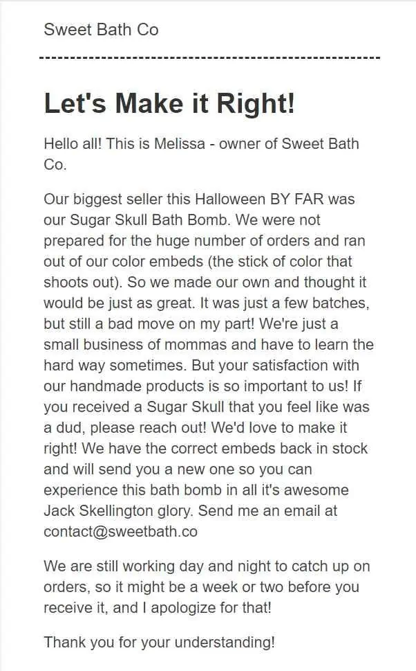 back in stock email from Sweet bath and co.