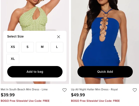 Fashion Nova quick add a/b testing for eCommerce idea