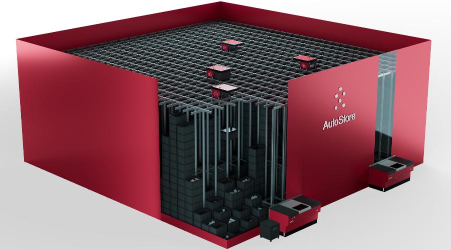 An illustration of the AutoStore warehouse automation system