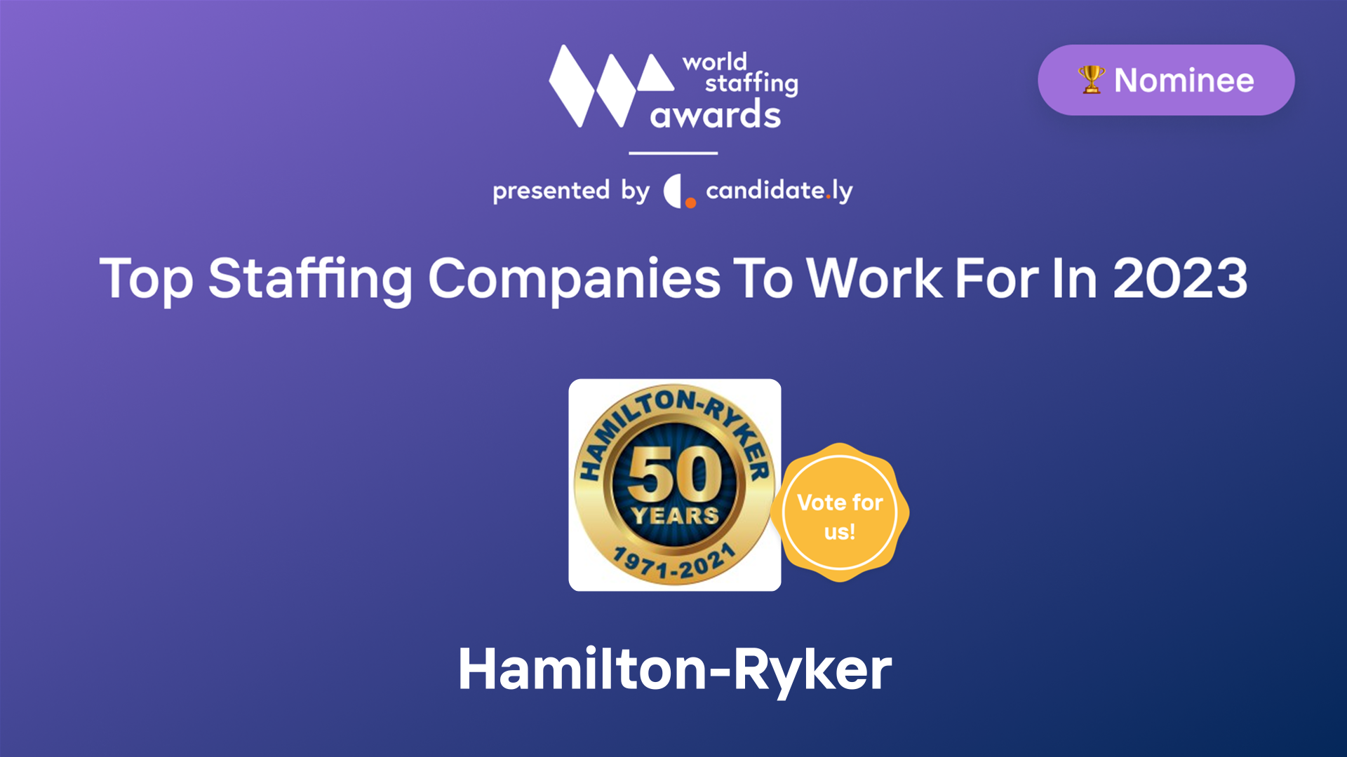 HamiltonRyker Top Company to work for in 2023 World Staffing Award