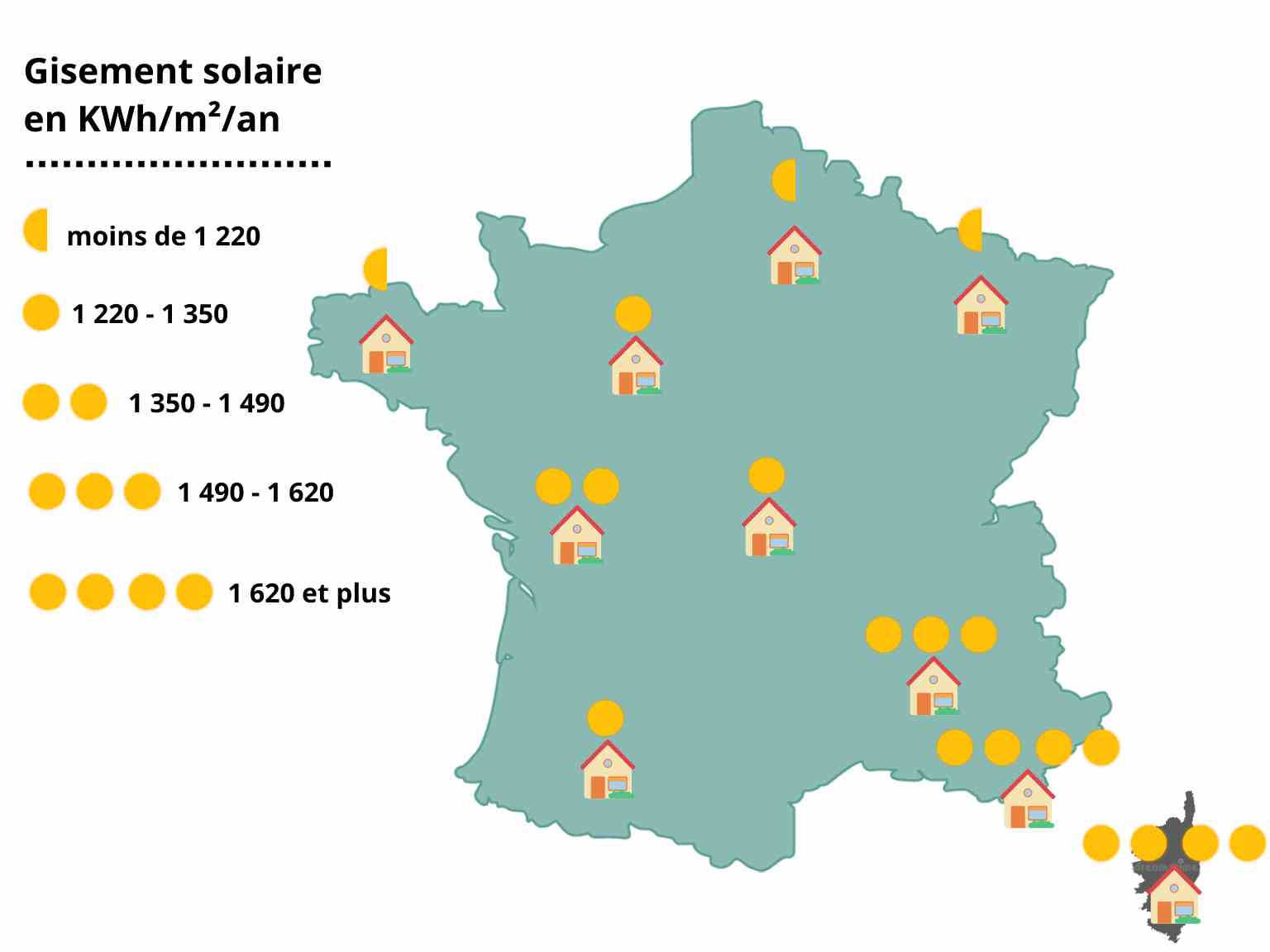 Carte de France représentant le gisement solaire dans chaque région.