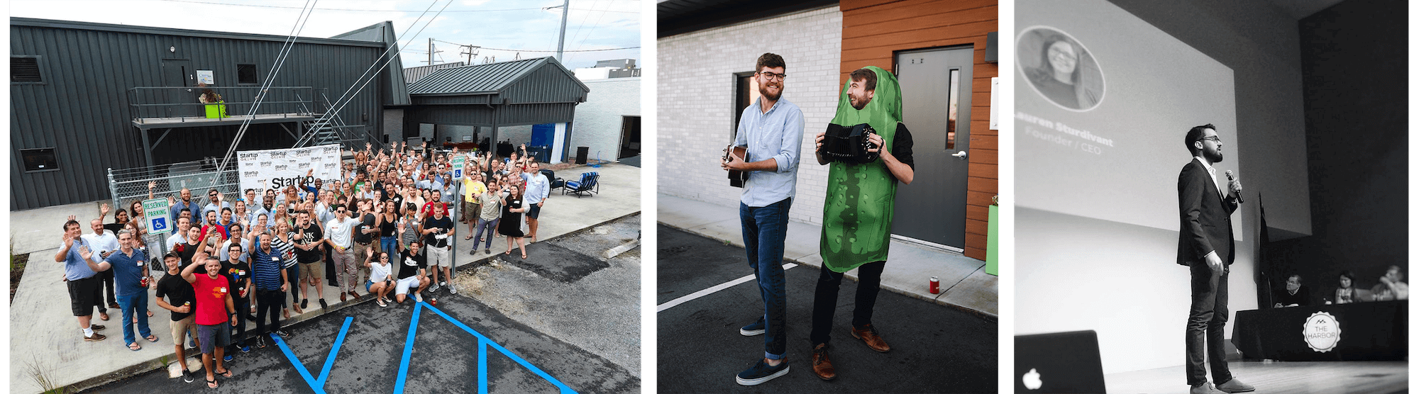 The Startup Grind summer party at the Krit office, Austin and Garrett messing around before the photo shoot, and Andrew pitching a client's company