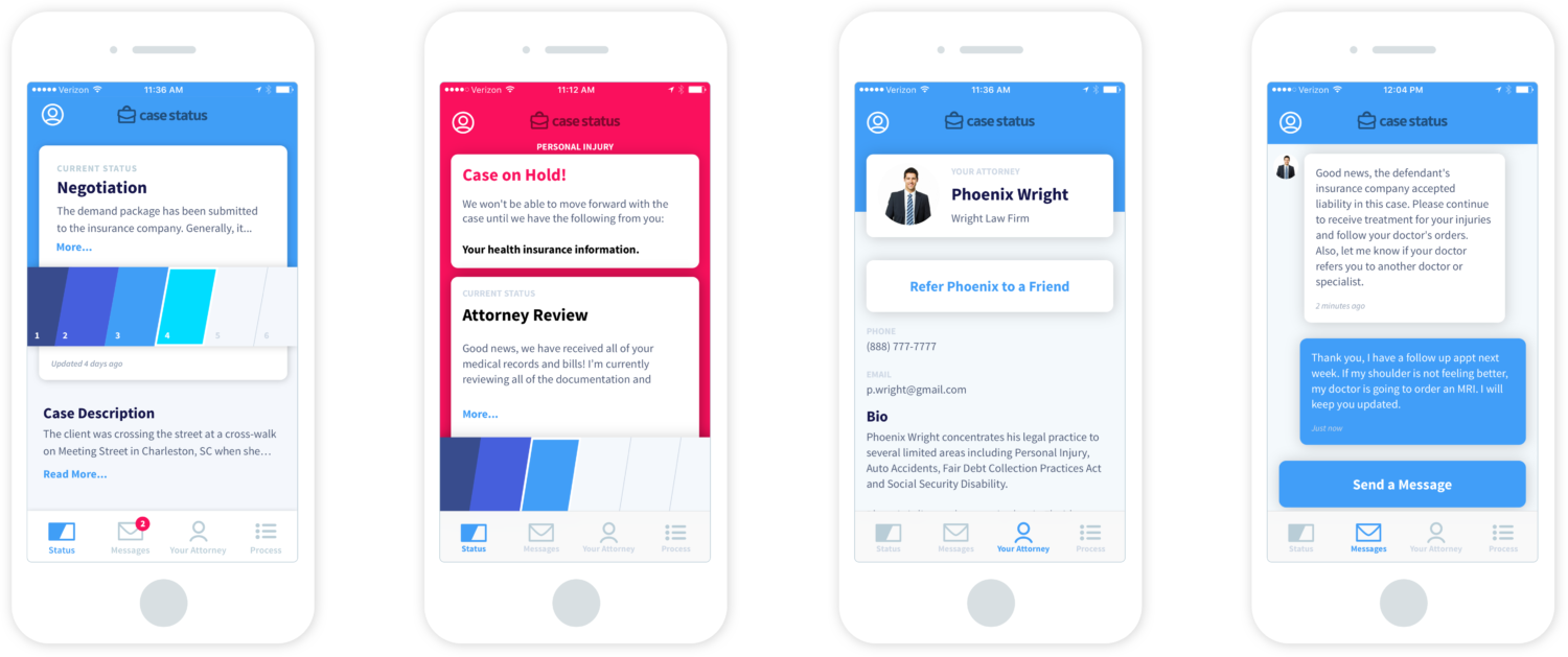 the tracking screens attorney clients see in Case Status frontend