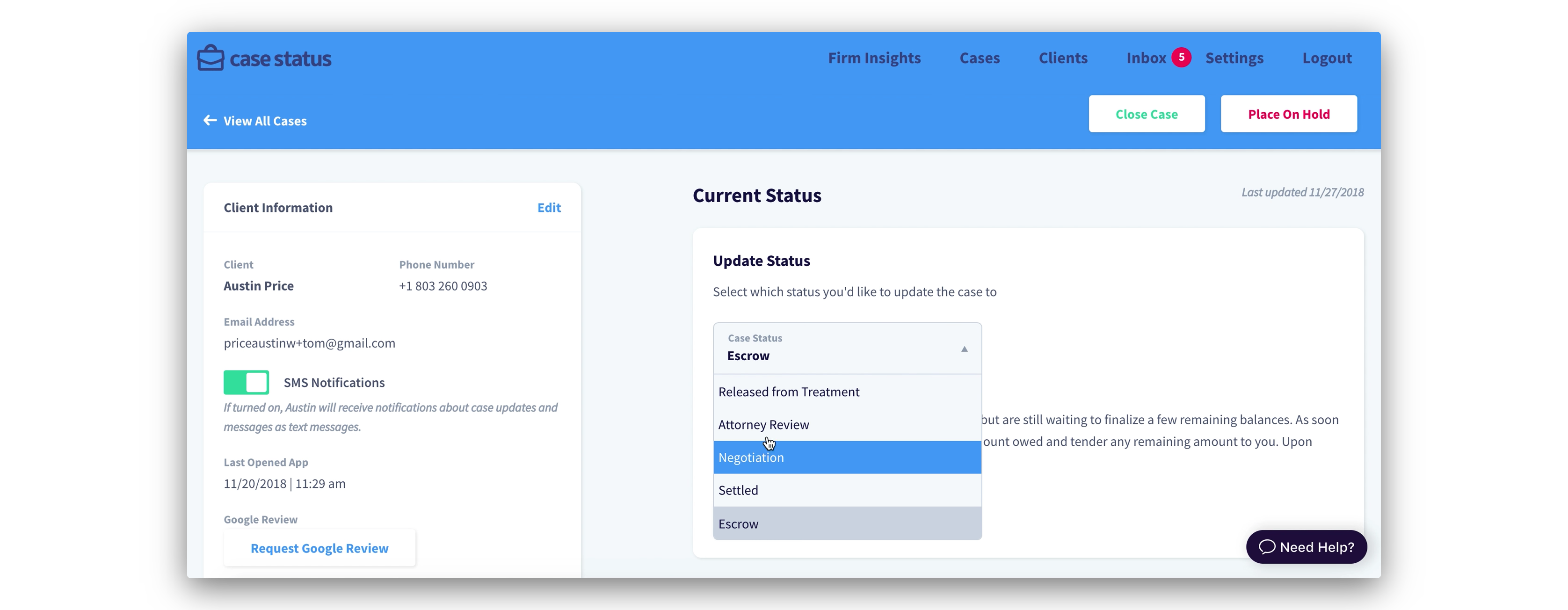 how to update clients in Case Status