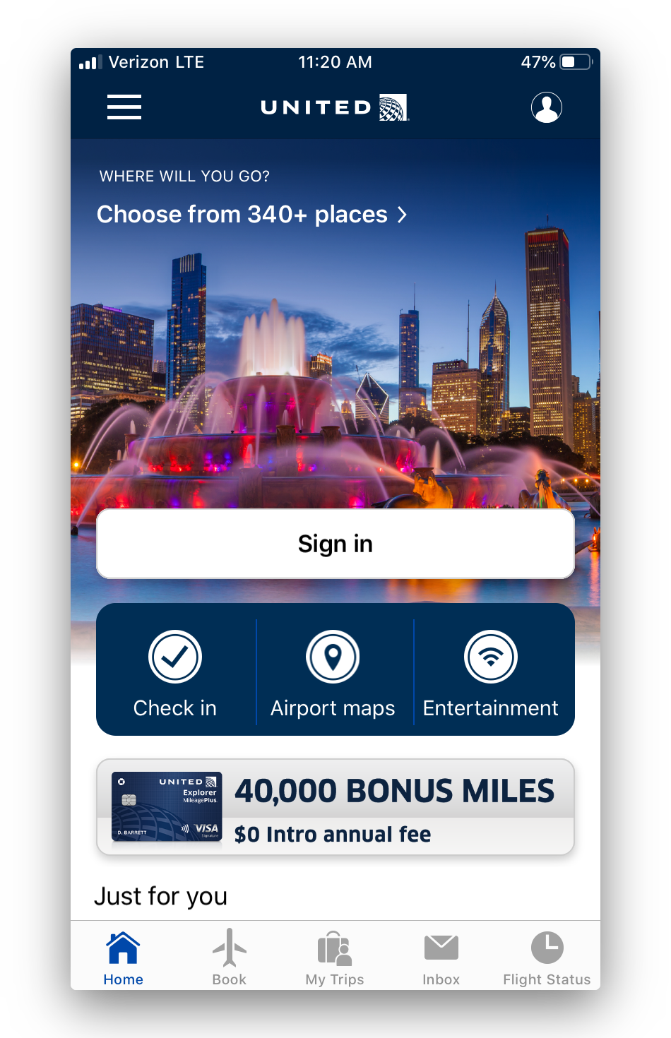 second screen in the United Airlines app