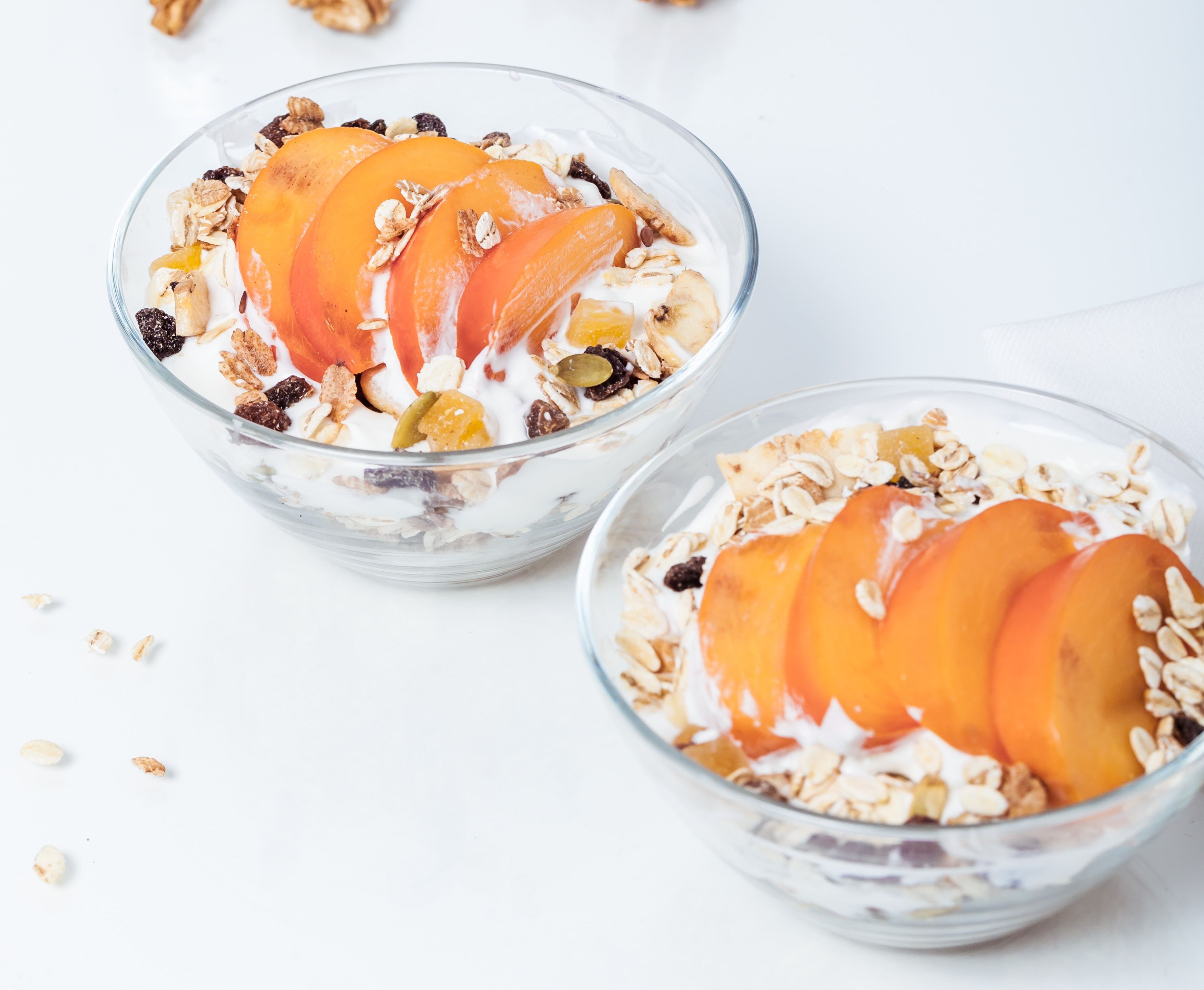 Yogurt and peaches in small breakfast bowls