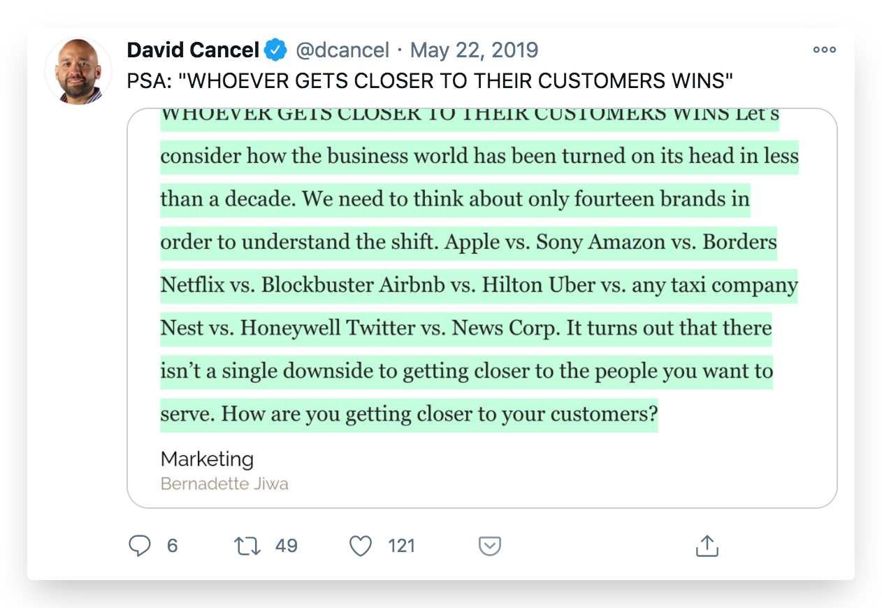 David Cancel tweet on why customers are a cornerstone