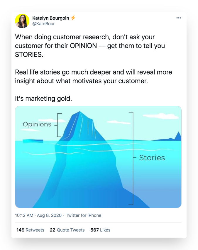 Katelyn Bourgoin tweet about why stories are better than opinions