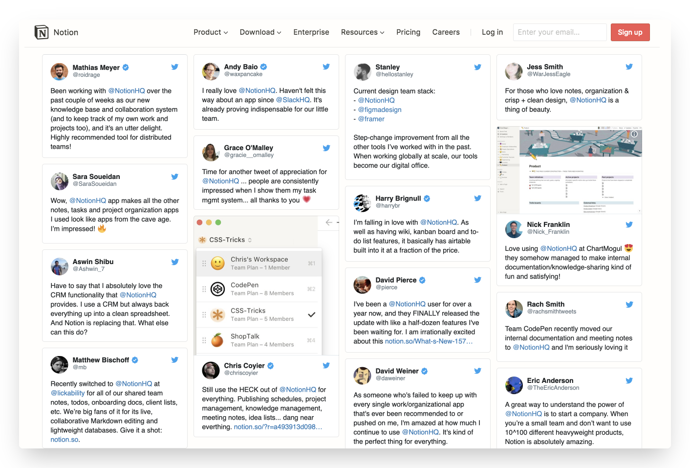 Wall of customer reviews on Notion homepage