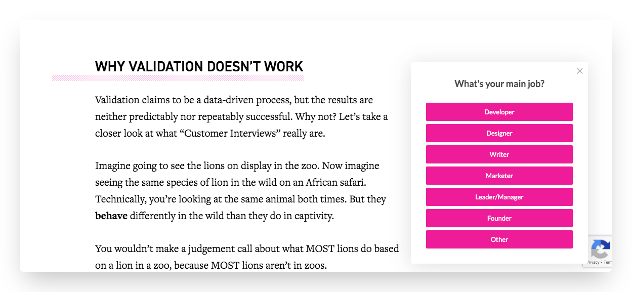 example of a pop-up survey from Stacking the Bricks