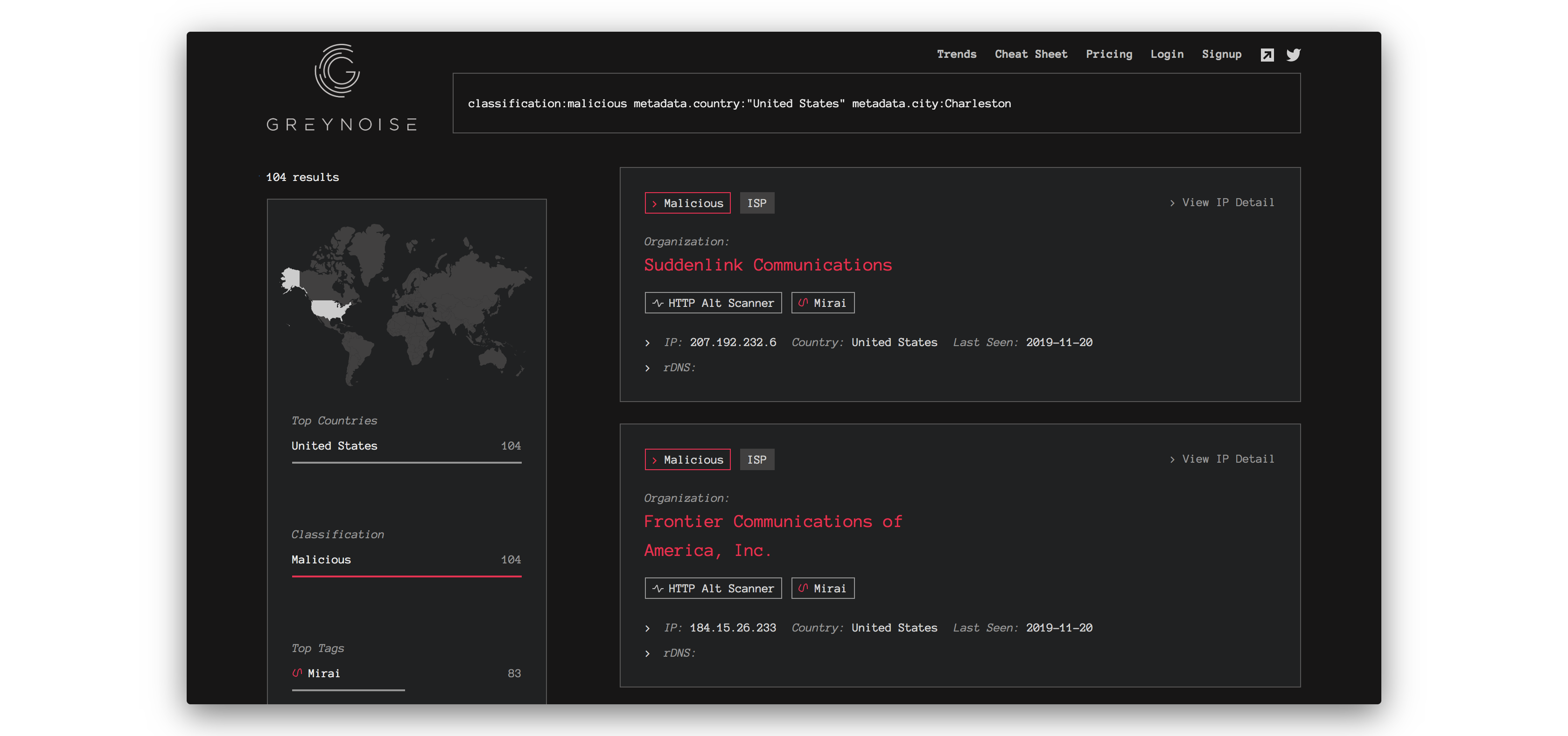 GreyNoise search results example
