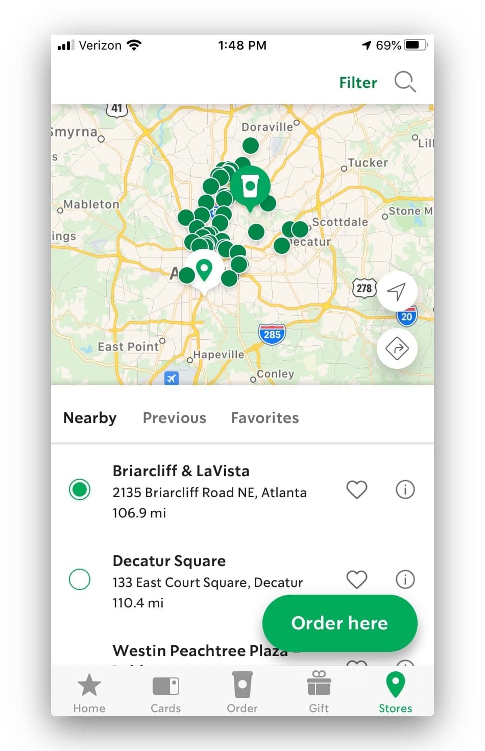 location store screen on starbucks app