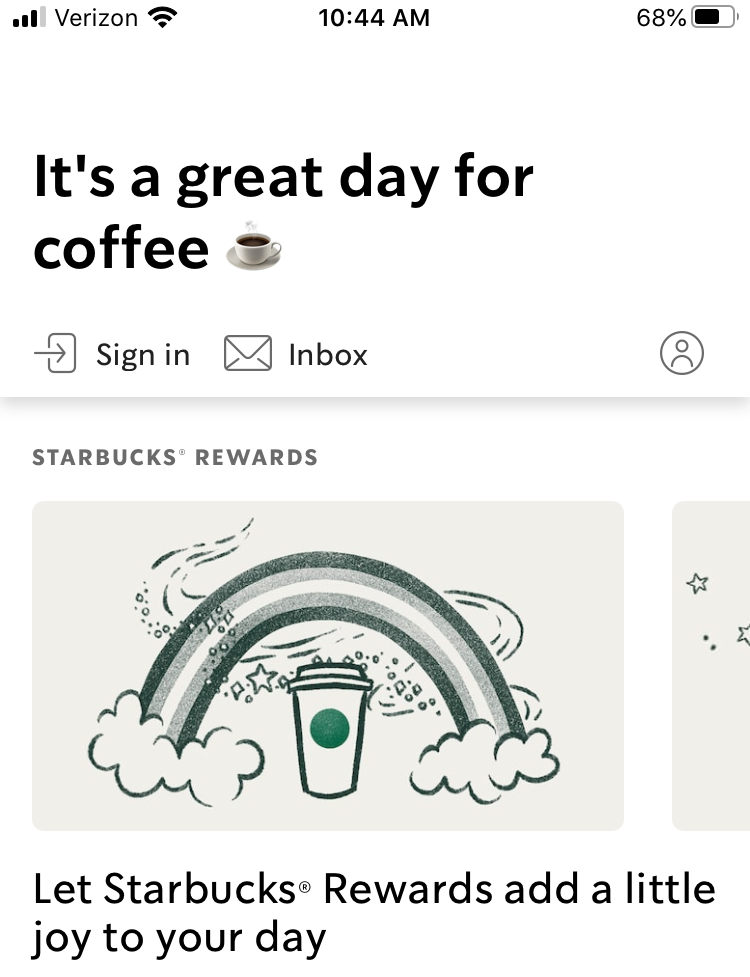 Starbucks app welcome screen