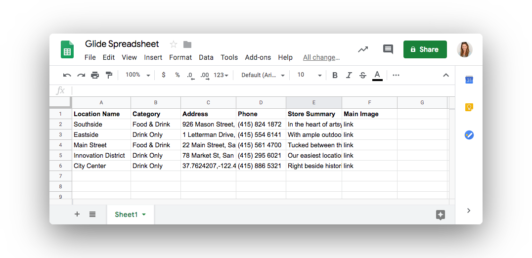 basic spreadsheet for locations in starbucks app prototype