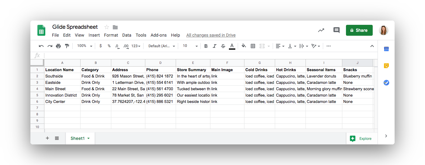 basic spreadsheet for locations in starbucks app prototype, with menu