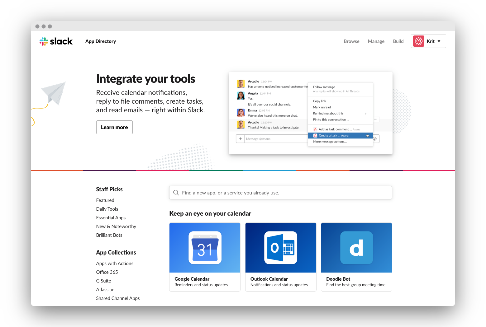 Slack's messaging app integrations page