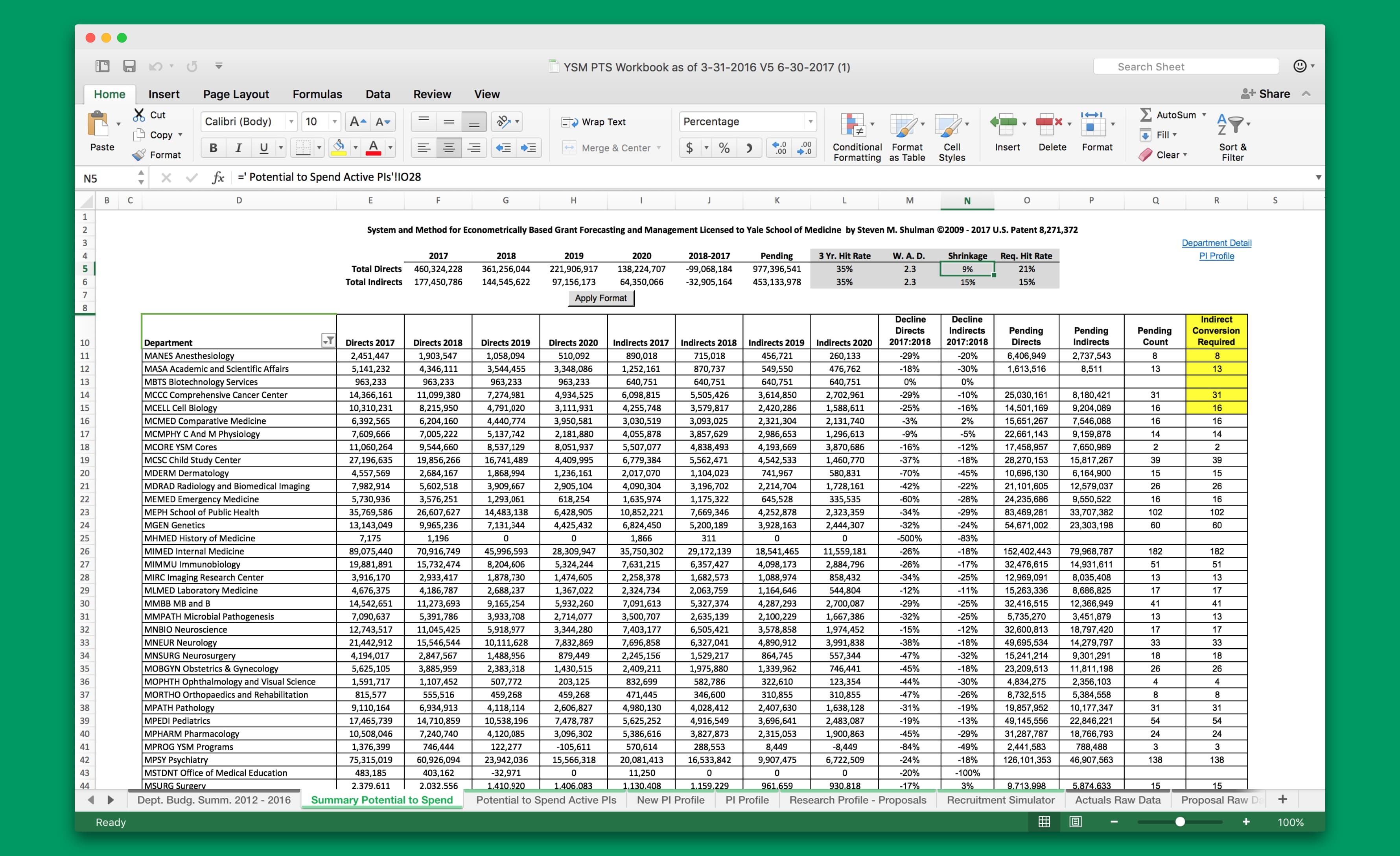 Screenshot of the excel prototype.