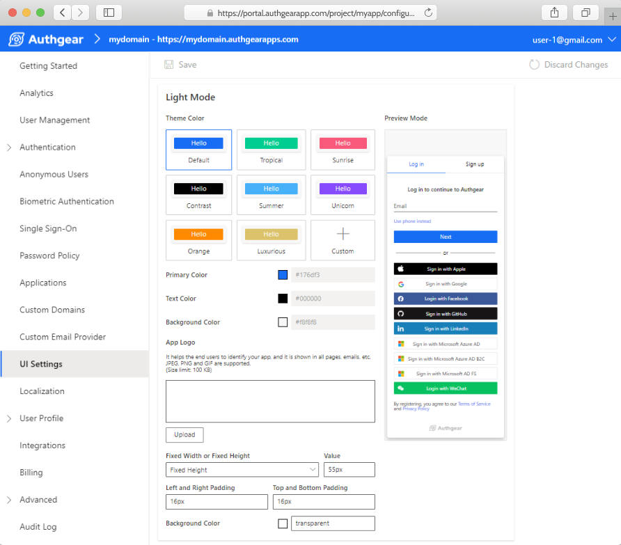 A screenshot of Authgear's UI Setting feature that allows developers to customize the look of their signup/login page.
