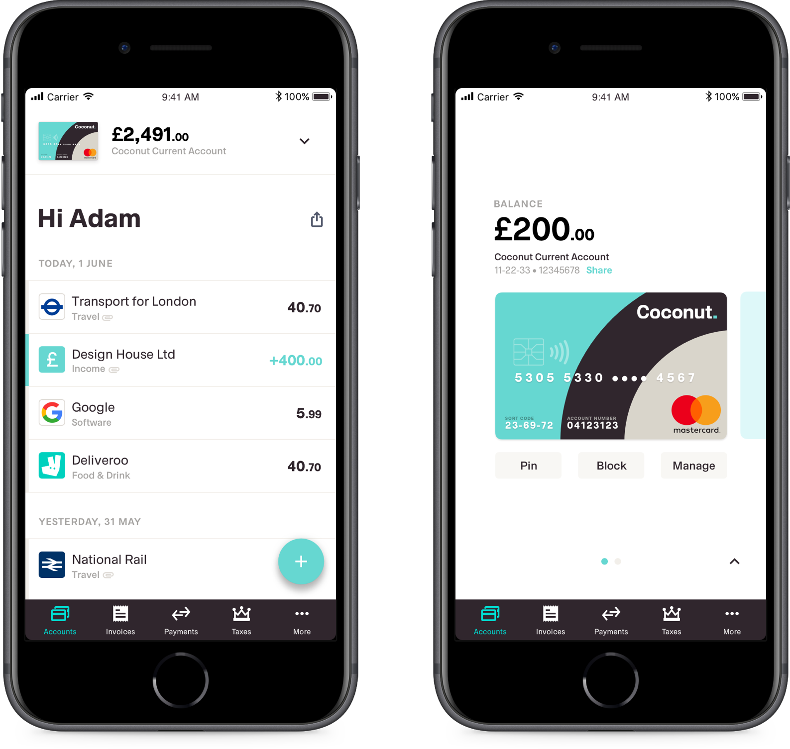 coconut - accounts tab within app
