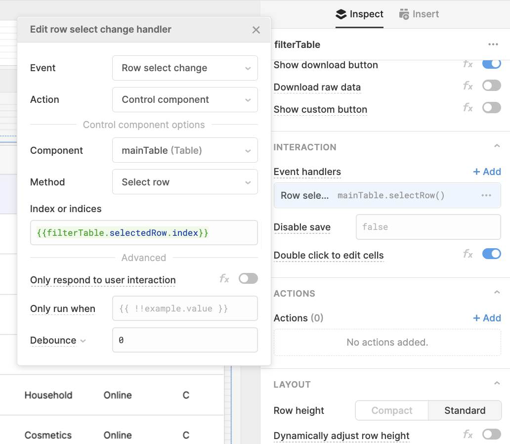 event handler setting selected row index