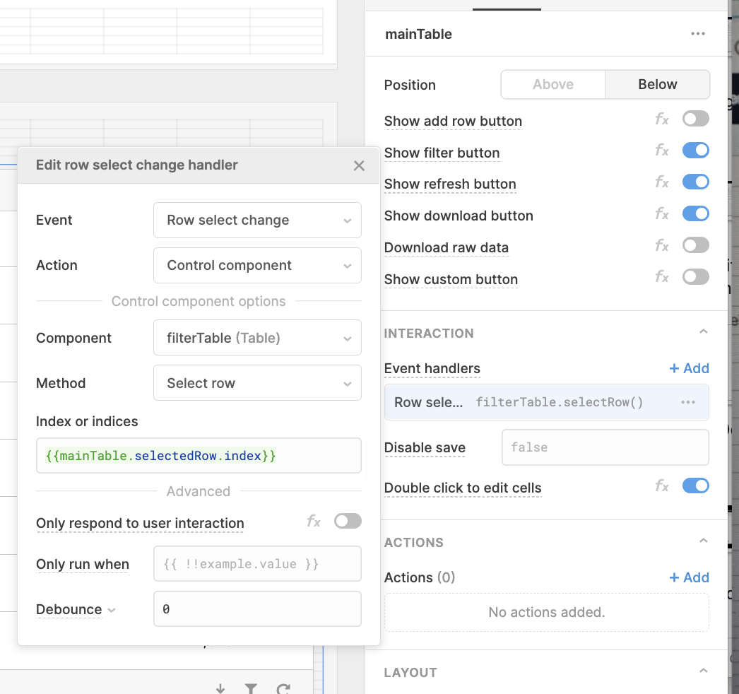 event handler setting selected row index