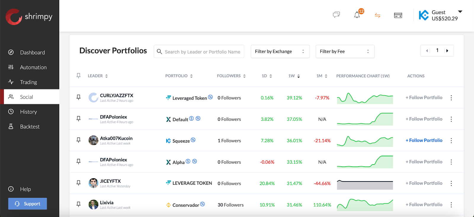 Shrimpy app crypto social trading tab