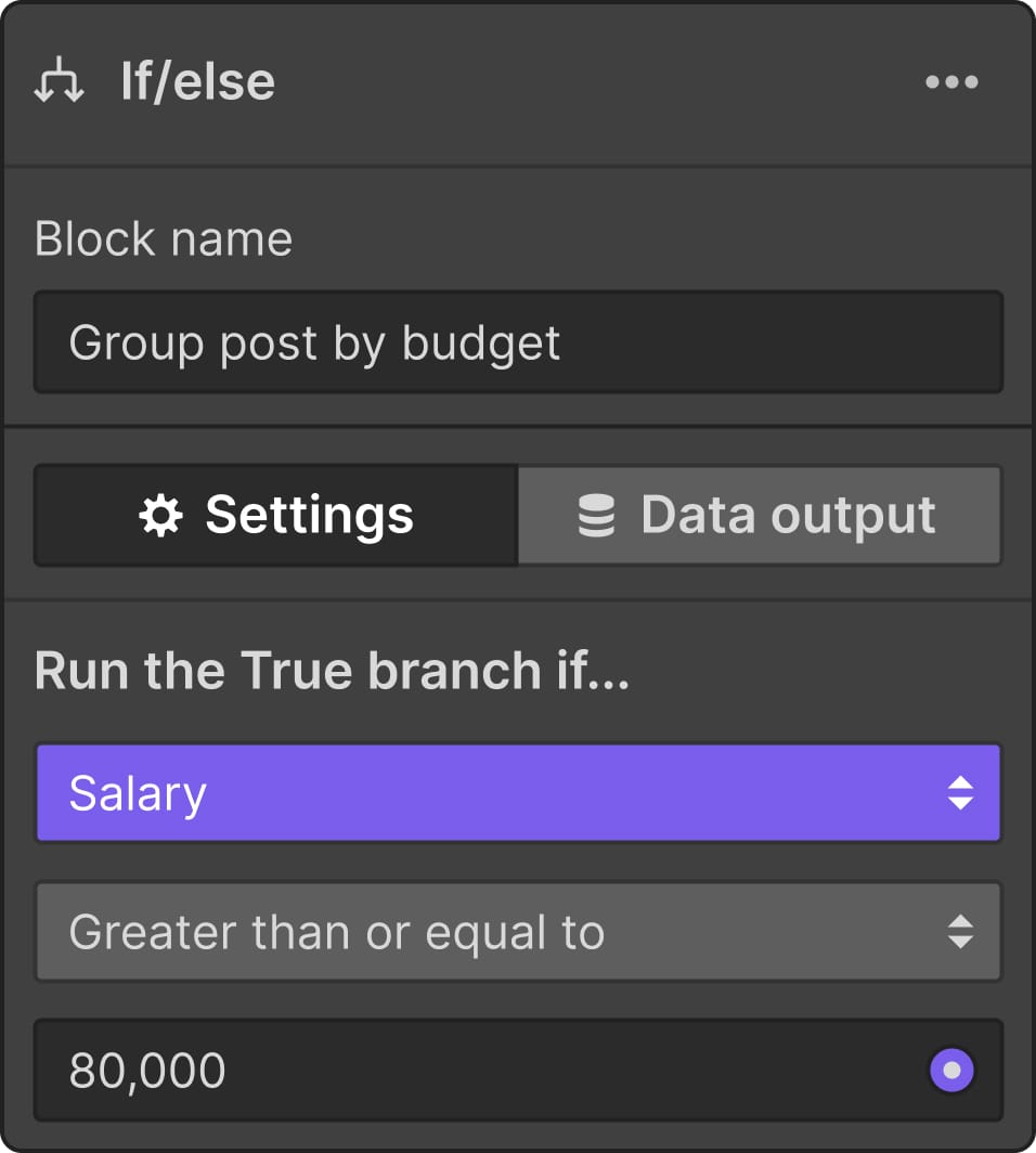 Webflow Logic UI for If/else statement settings with fields that can be set