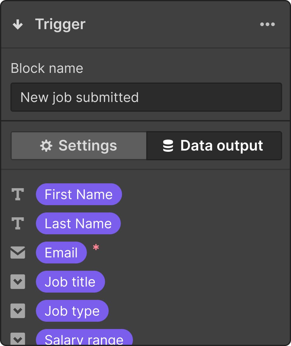 Webflow Logic UI of a Trigger panel with a block name of New job submitted and