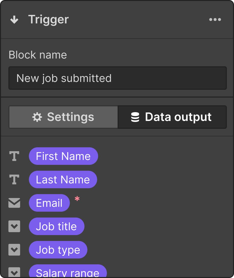 触发器面板的Webflow Logic UI，该面板的块名称为提交的新作业和