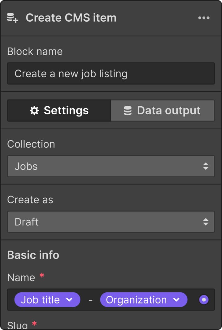 Webflow Logic UI settings panel saying Create CMS item with a list of fields that can be set