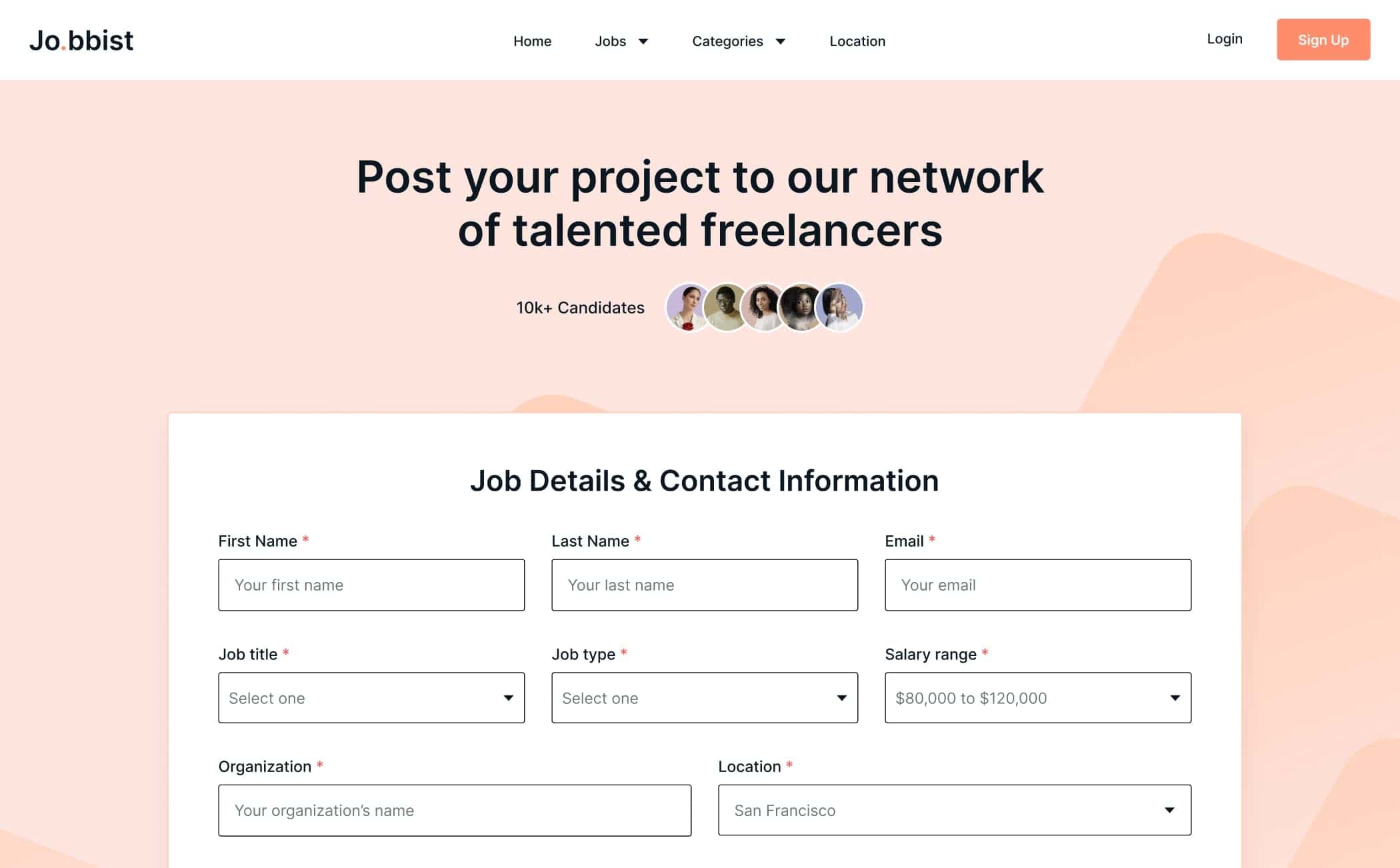 Sample website with a large form and headline saying Post your project to our network of talented freelancers