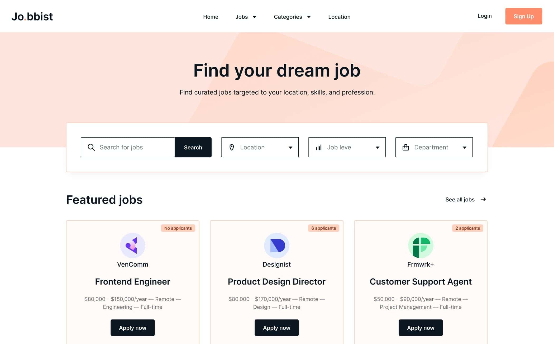 Sample website with a list of featured job cards and a page title saying Find your dream job
