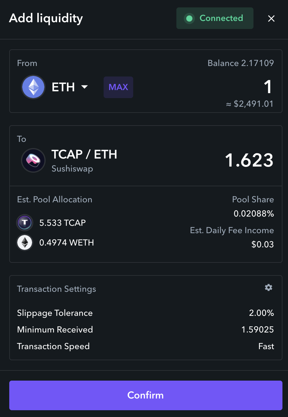 Add liquidity to SushiSwap with Zapper