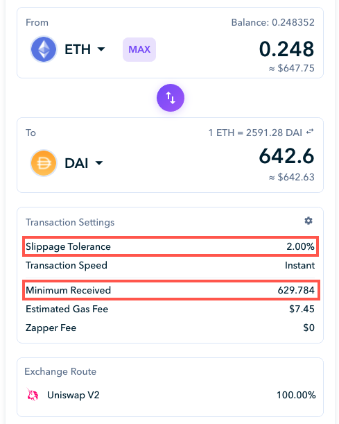 Trading on Zapper with Slippage Tolerance