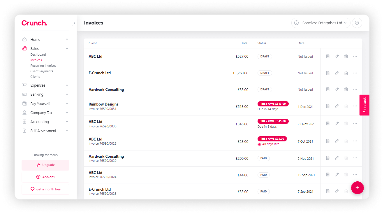 screenshot of invoices on desktop