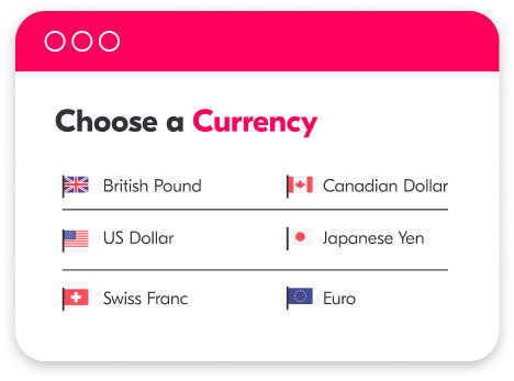 Choose a currency; British pound, US dollar, Swiss franc, canadian dollar, Japanese yen, Euro
