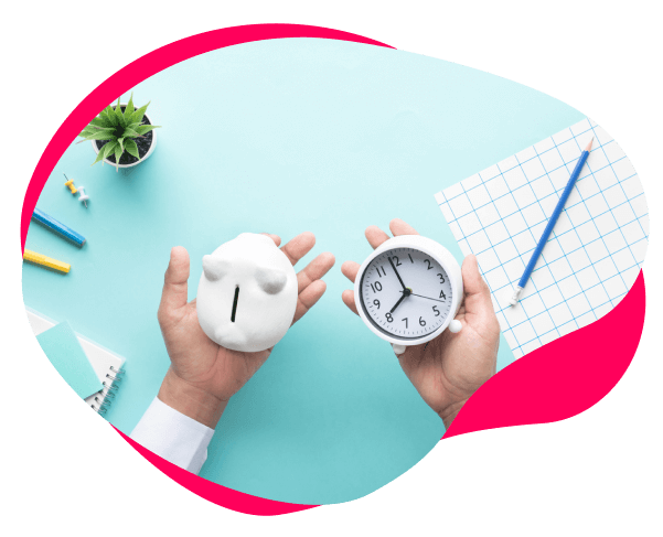 Image of two hands holding. piggy bank and small clock