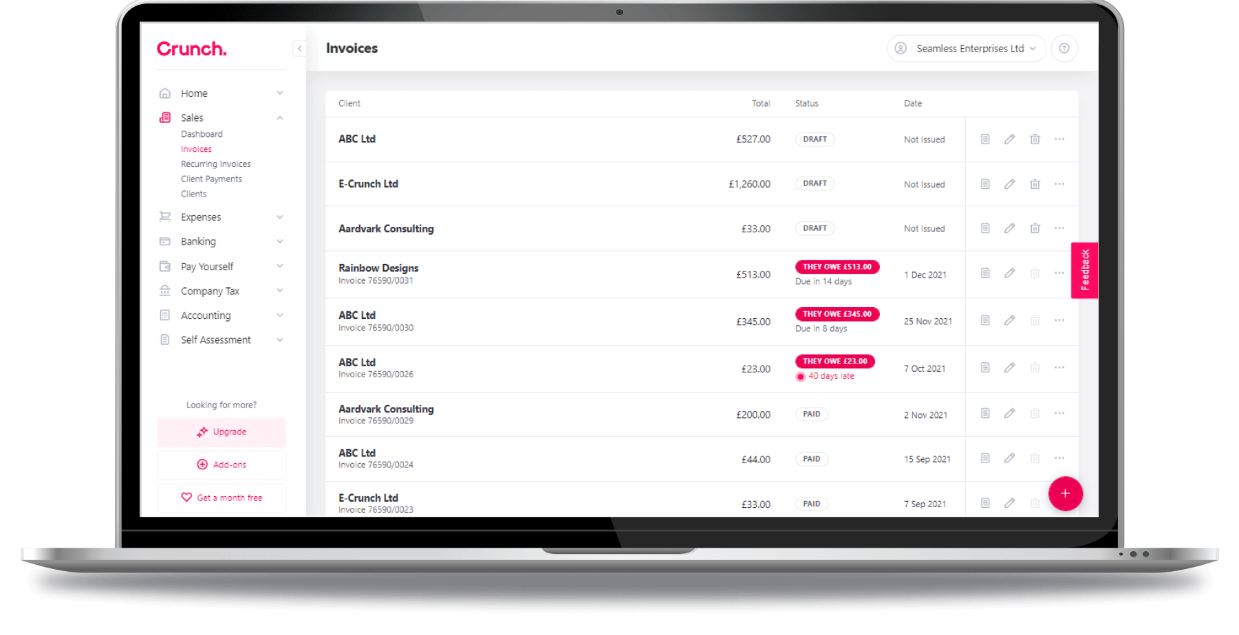 Mockup of a macbook with Crunch software dashboard on screen.