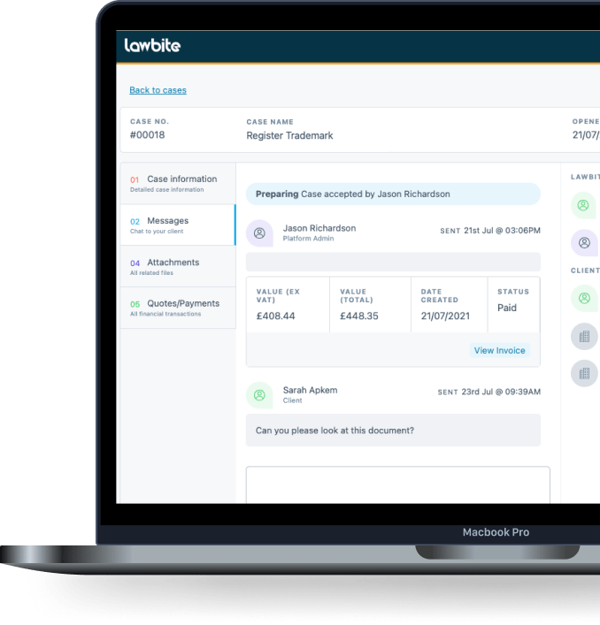 Mockup of lawbite software on a laptop.