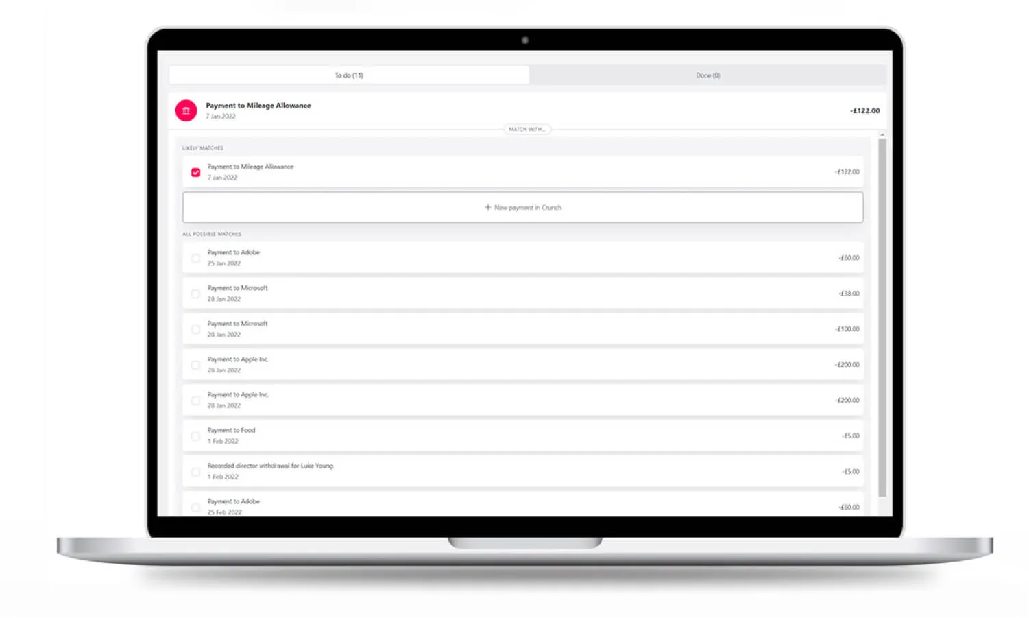 Crunch screenshot of bank reconciliation