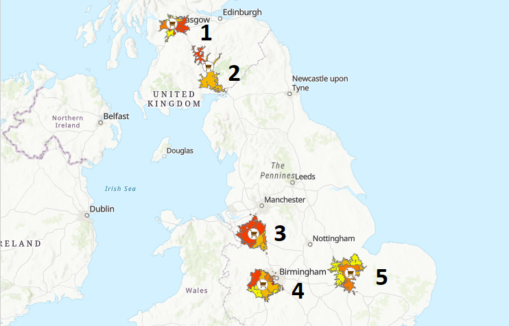 Catchment areas for potential retail locations