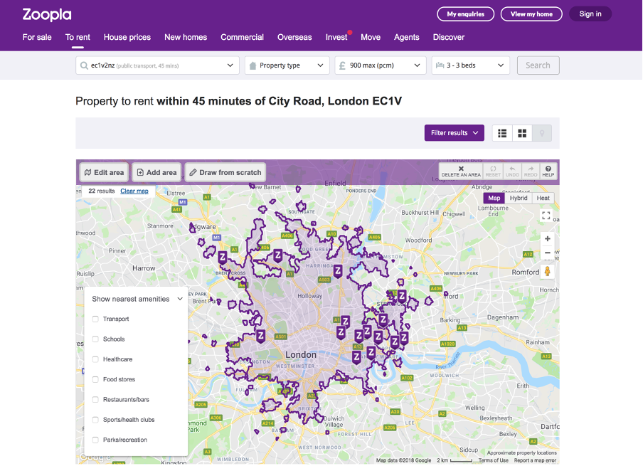 Zoopla website search relevance using travel time