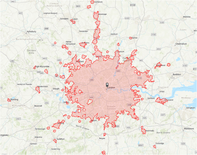 1 hour public transport catchment area