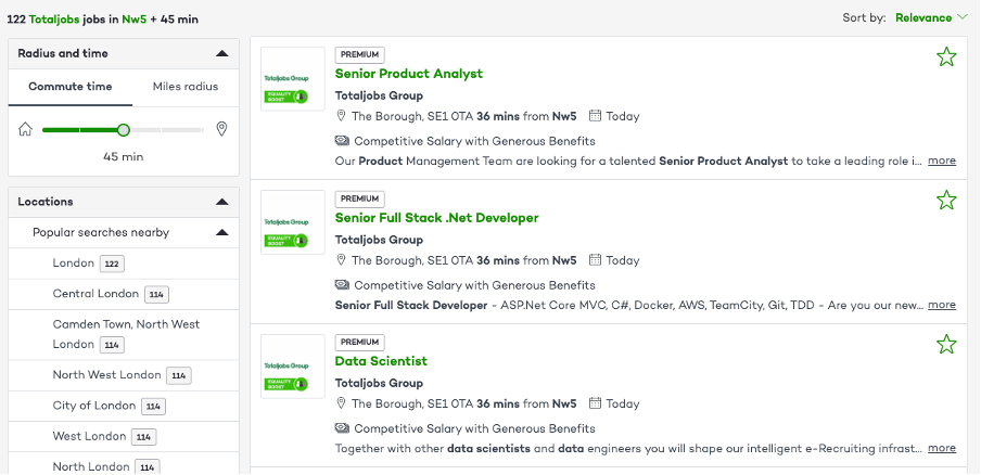 Totaljobs search filter and ranking by travel time