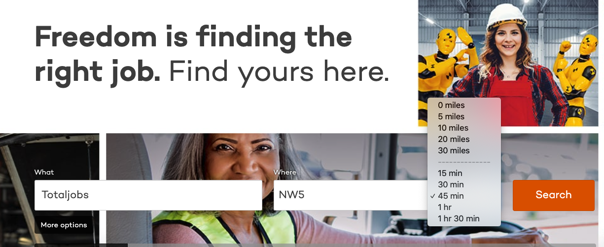 Totaljobs website search by commute time