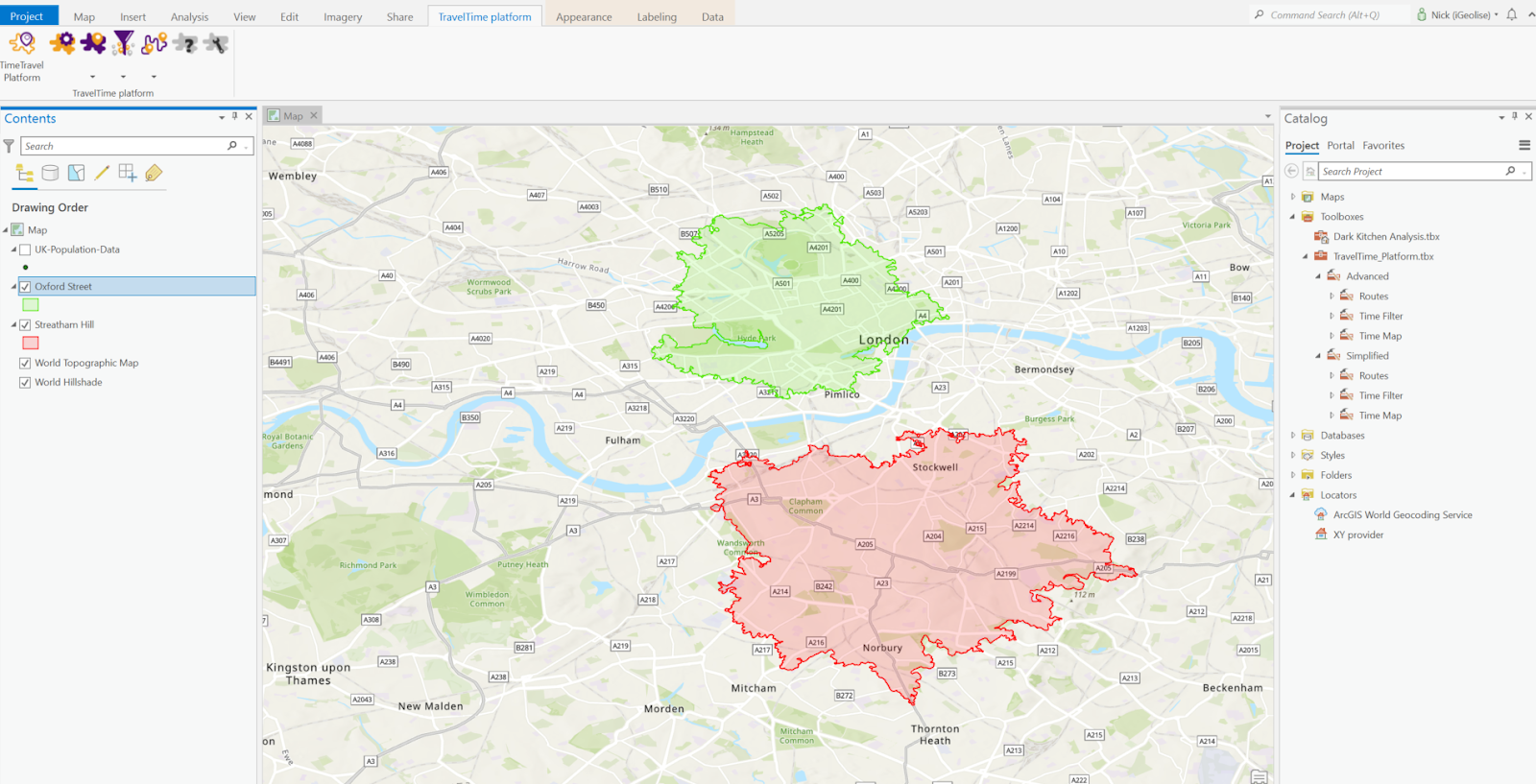 Travel time catchment areas
