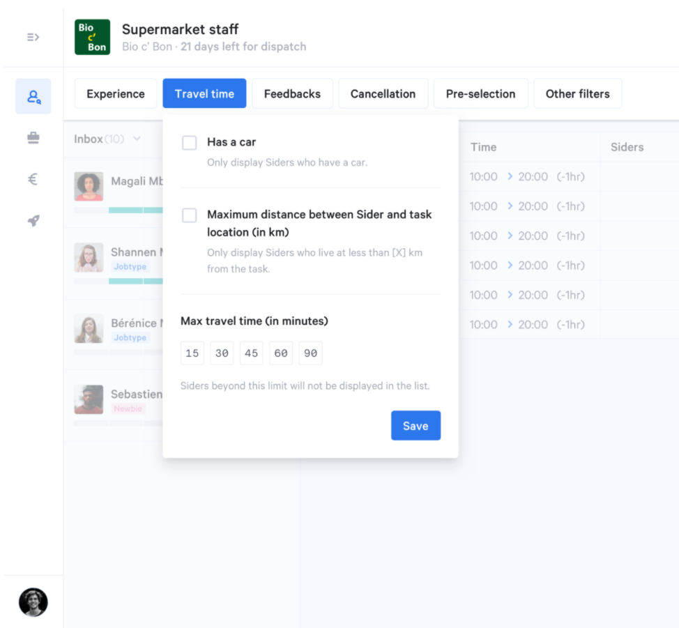 Side travel time search filter